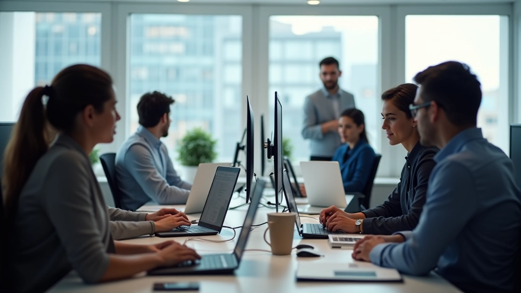 Team che collabora su gestione contenuti multilingue con diverse lingue visualizzate contemporaneamente