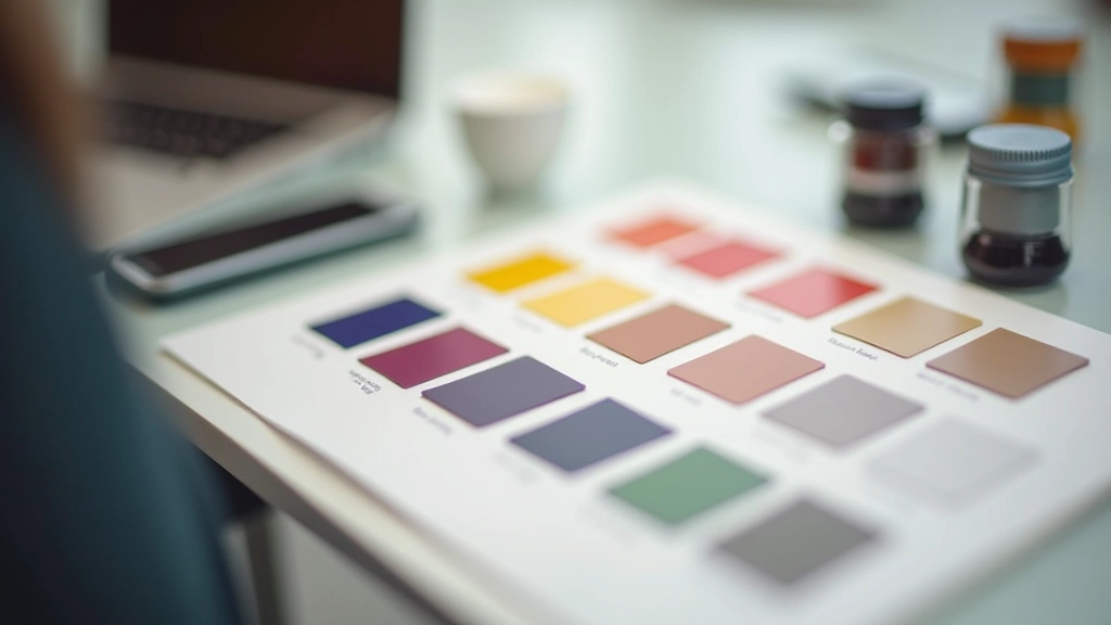 Palette colore professionale con campioni di colore disposti su una tavola di design, mostrando armonia cromatica e contrasto visivo