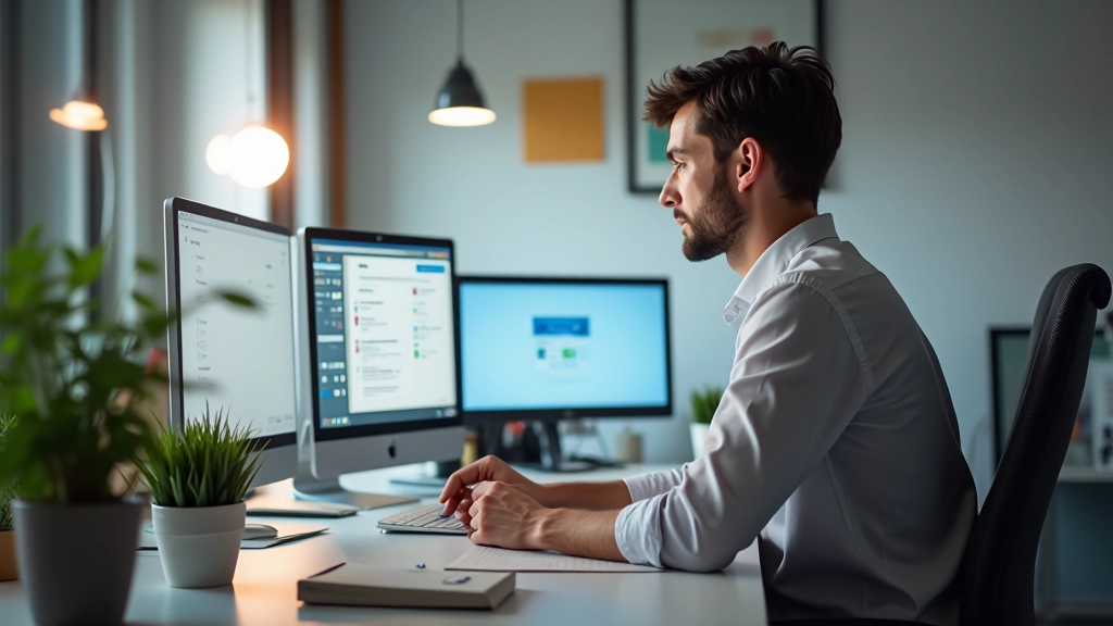 Designer che lavora su architettura di sito web multilingue con mockup di interfaccia e lingue diverse visualizzate