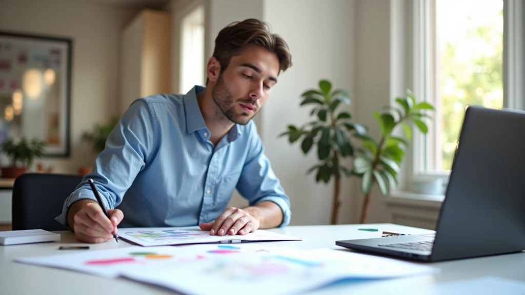 Designer che lavora su un progetto di sito web, schizzi e campioni di colore sulla scrivania dello studio moderno