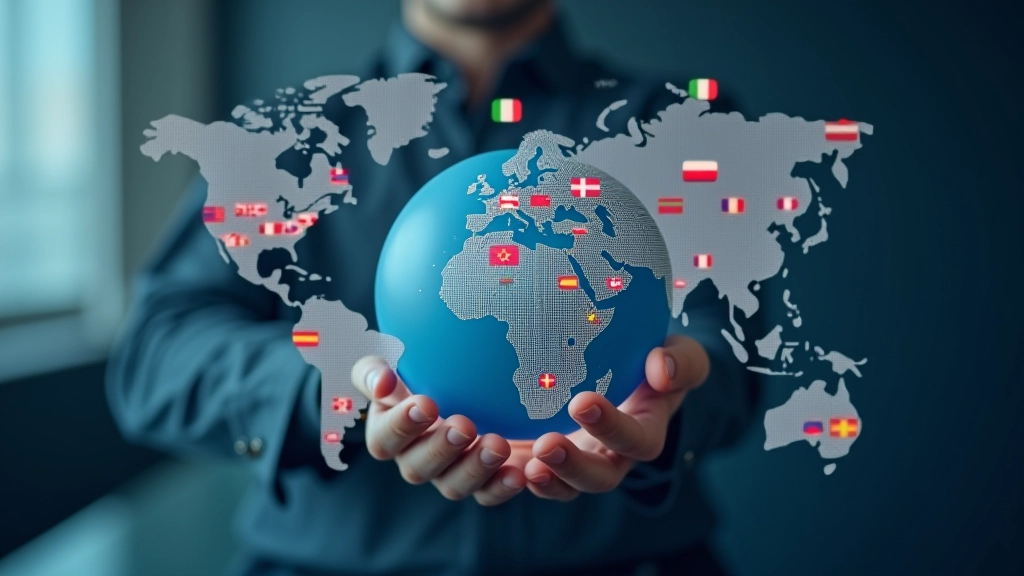 Globo terrestre con diverse bandiere e simboli linguistici, rappresentando un sito web multilingue e raggiungimento di mercati globali