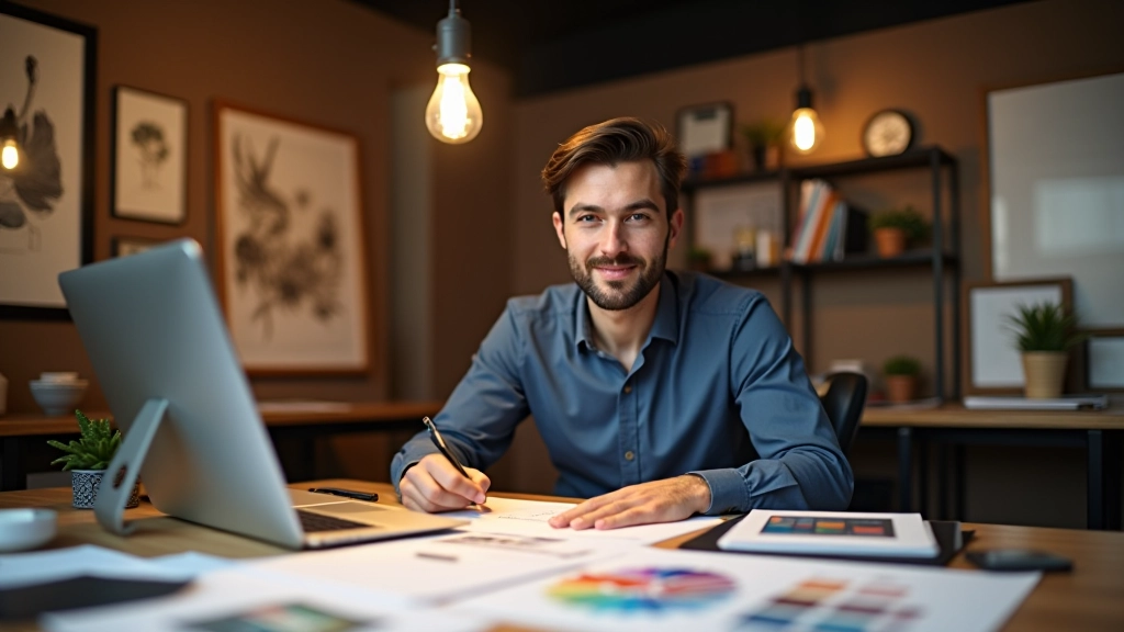 Designer che crea l'identità visiva di un brand aziendale con tavolozza colori e schizzi di logo
