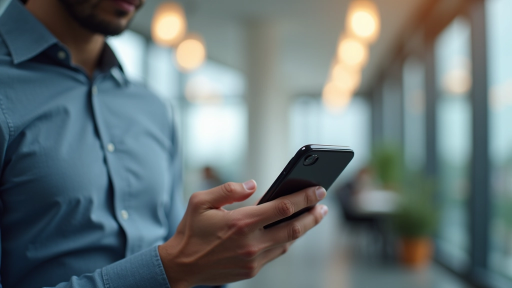 Persona che utilizza uno smartphone con un sito web professionale caricato, in un ambiente moderno con buona illuminazione